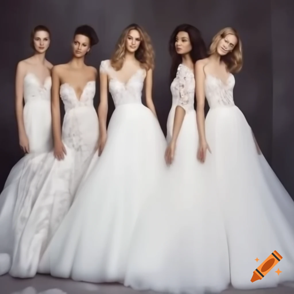 Beautiful supermodels in lace bridal dresses reminiscent of princesses