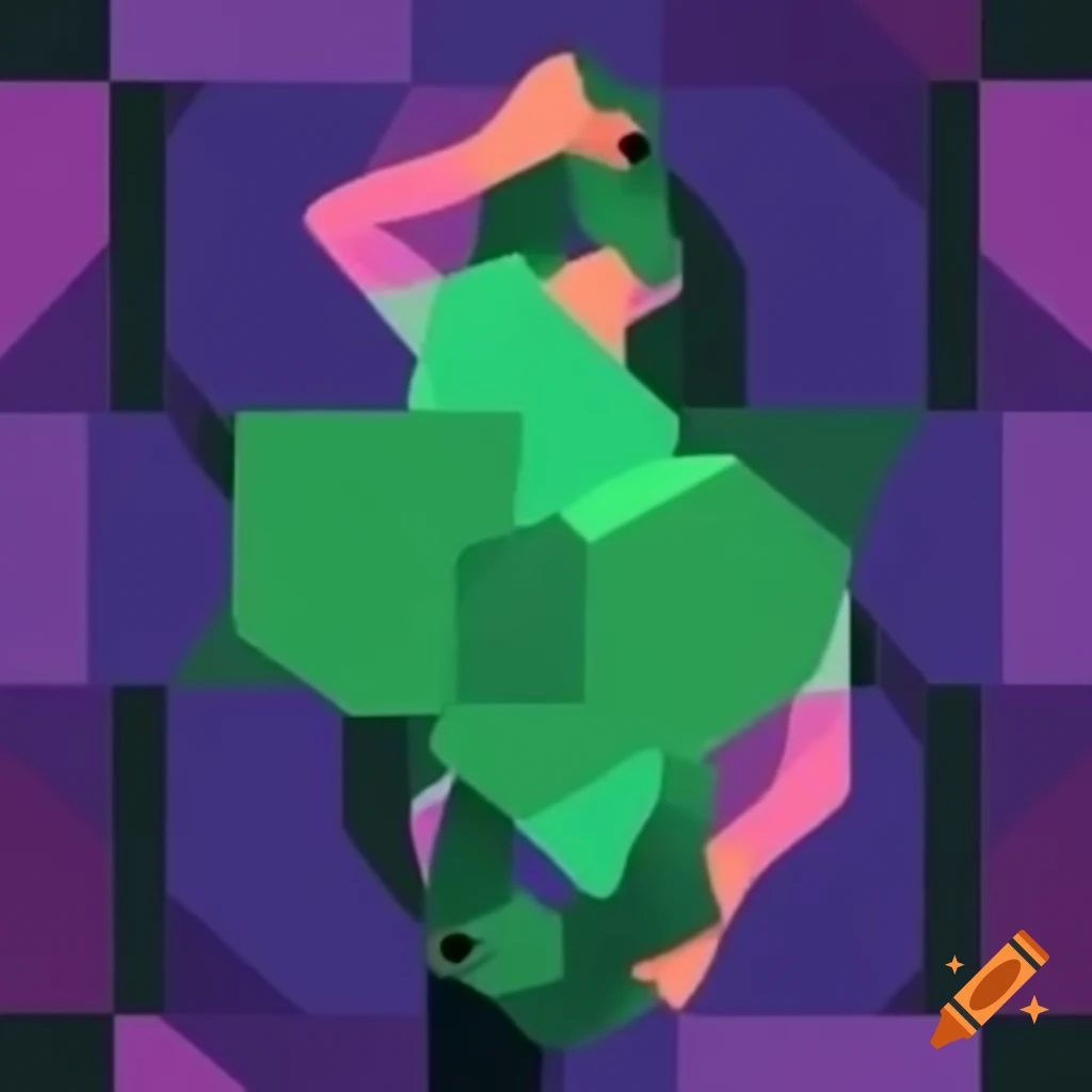 Abstract cubic art depicting a woman with feminist themes in green and purple