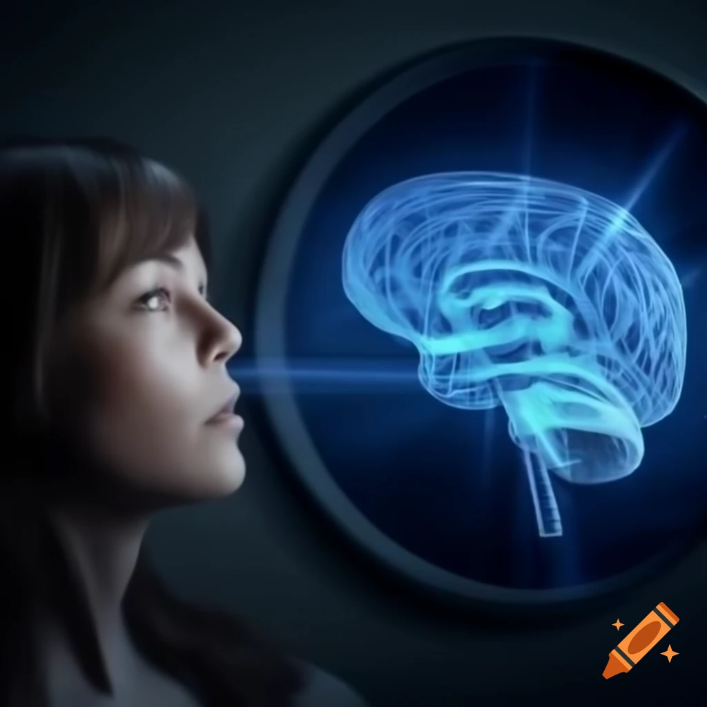 Person gazing into digital mirror reflecting brain activity, soft cinematic lighting