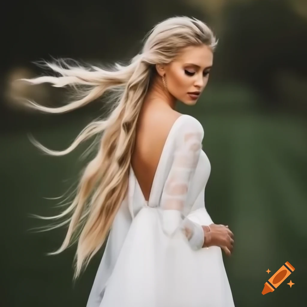 Young woman in white lace wedding dress looking at the camera