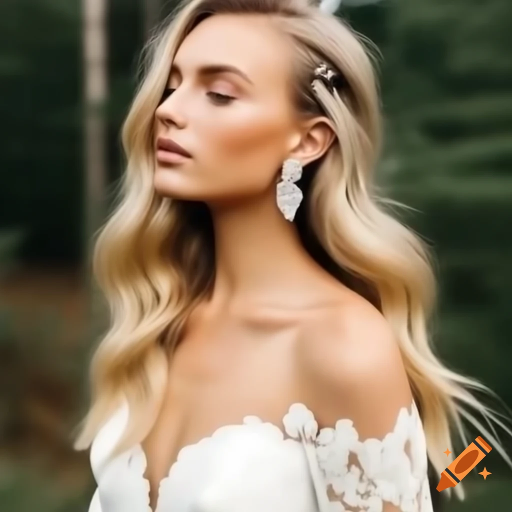 Model in wedding dress lookbook showcasing lace design and elegant earrings