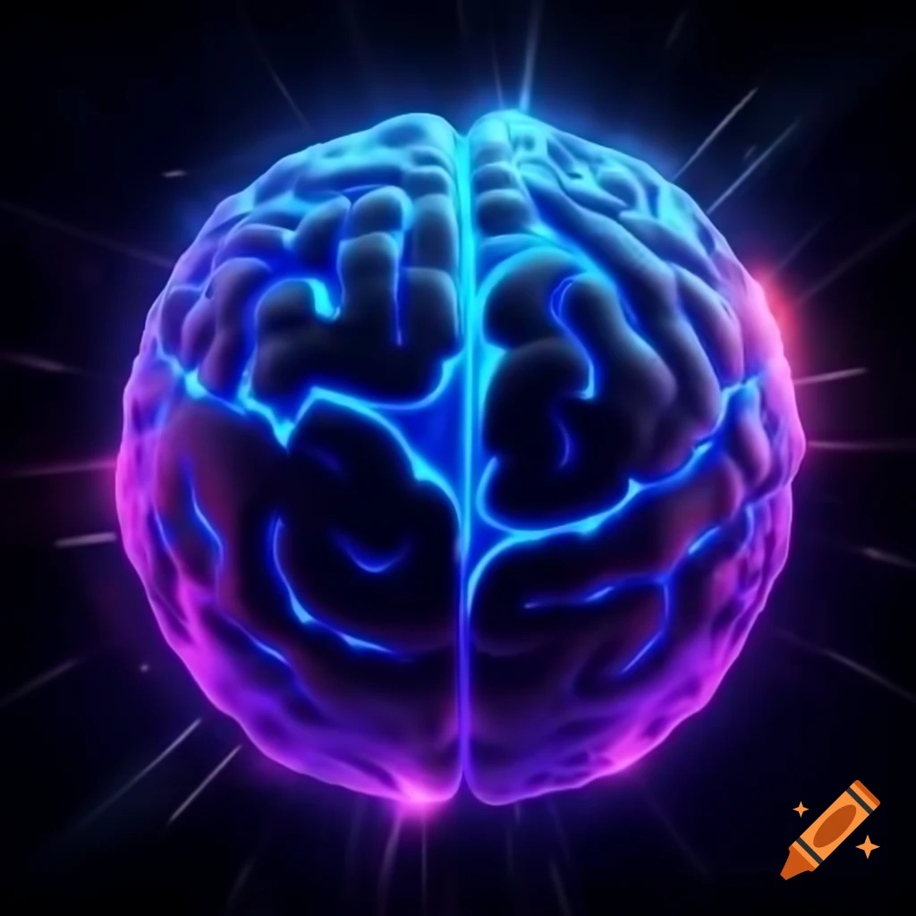 Stylized globe with brain pattern overlay in neon blue and purple