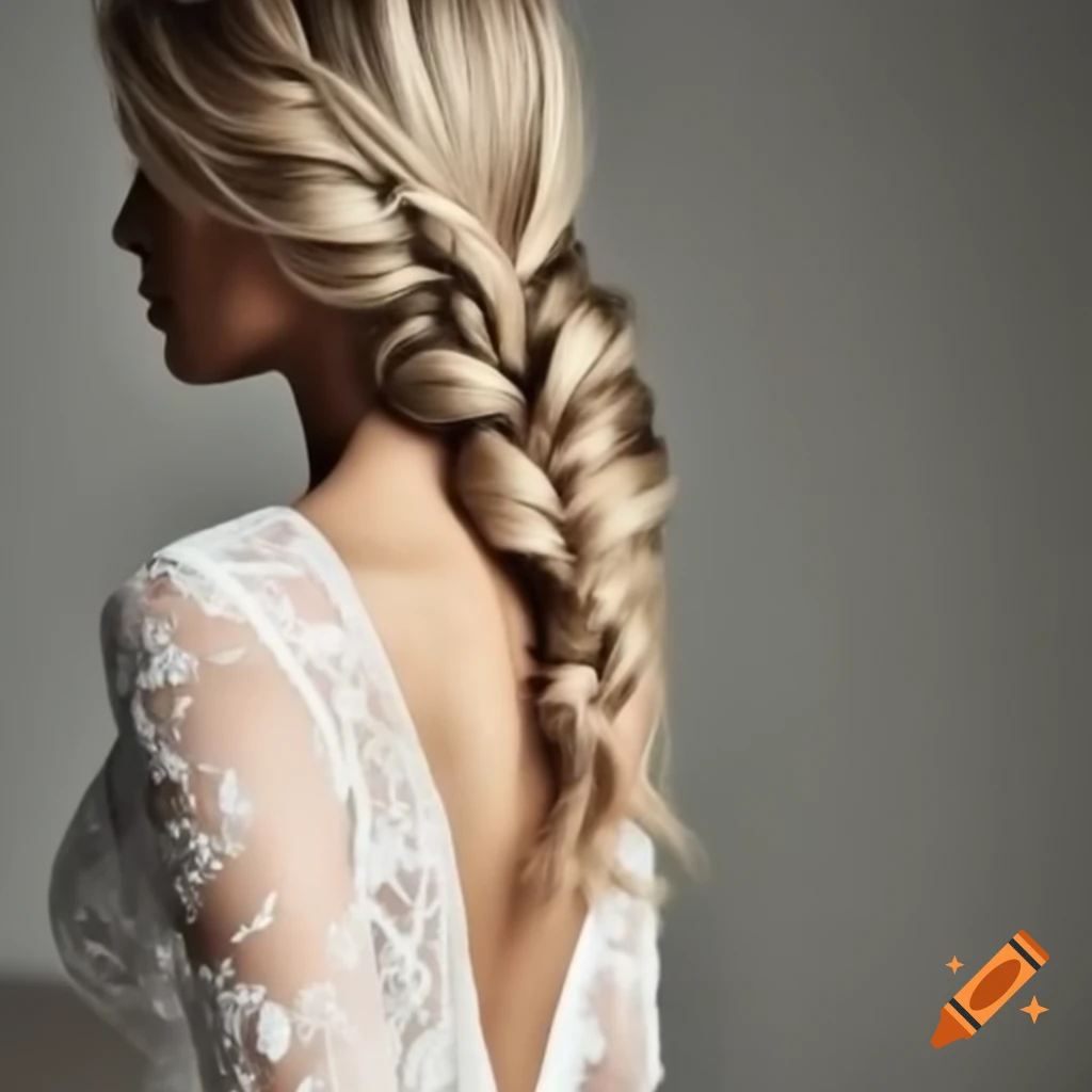 Beautiful woman in white long lace wedding dress looking at the camera