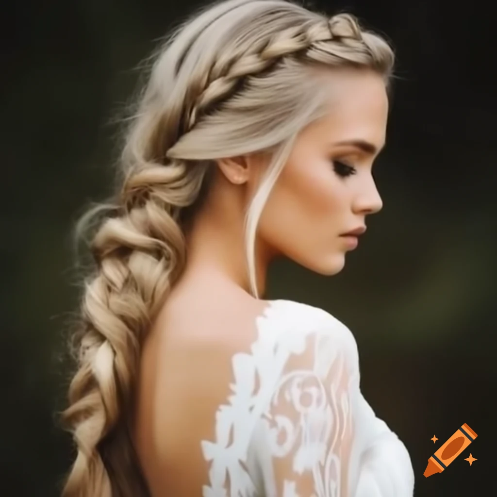 Young woman in white lace wedding dress with braid looking at camera