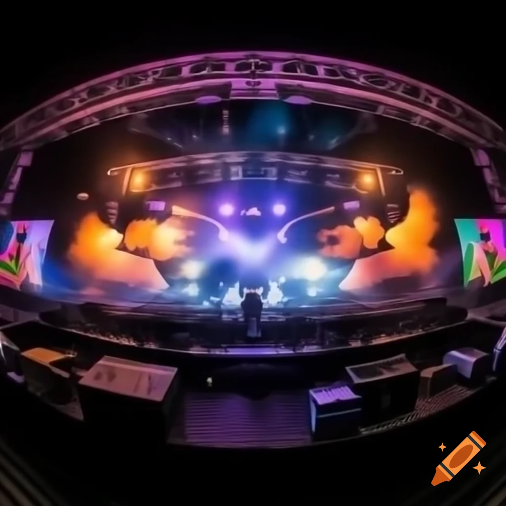 Vibrant vintage concert setup with colorful tents and show lights