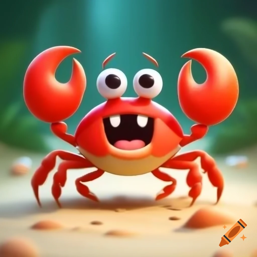 Cartoon crab dancing joyfully with expressive eyes and colorful claws