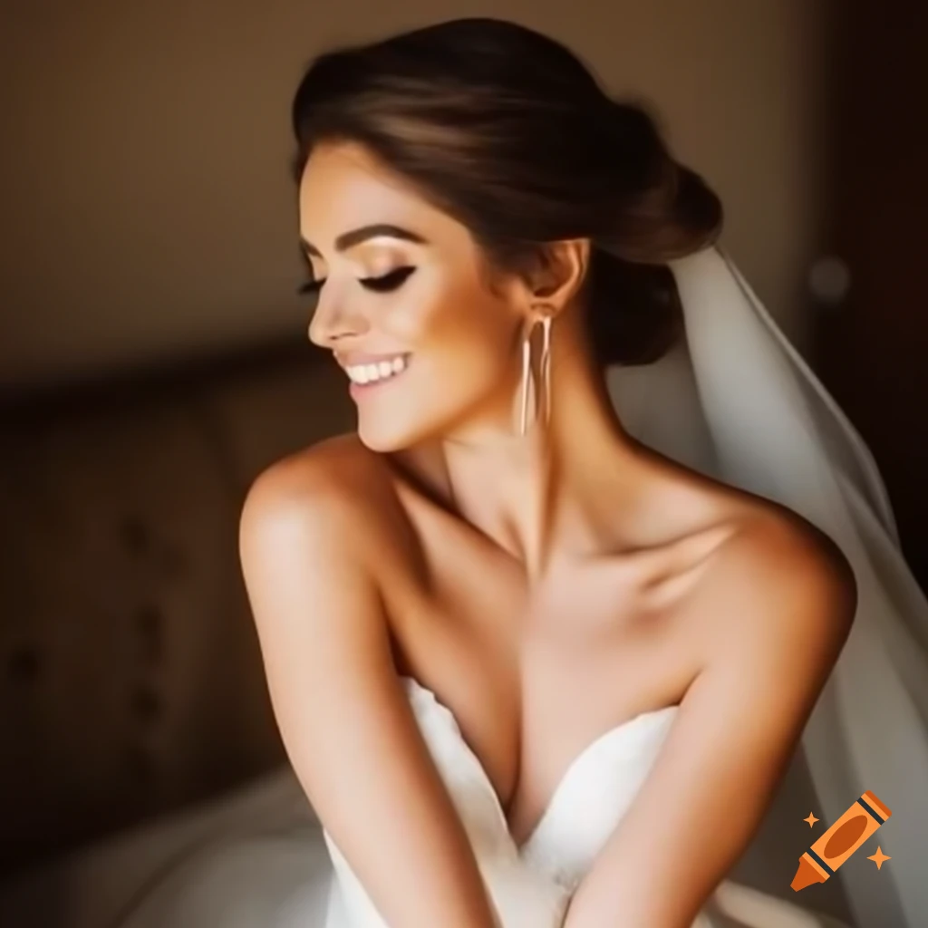 Confident brunette supermodel in wedding dress, long hair in bun, full body shot
