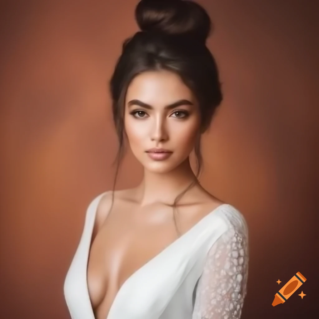 Confident brunette supermodel in wedding dress with bun hairstyle