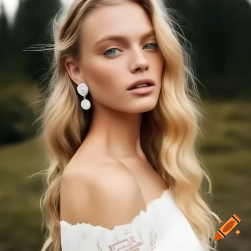 Model in wedding dress lookbook showcasing lace design and elegant earrings