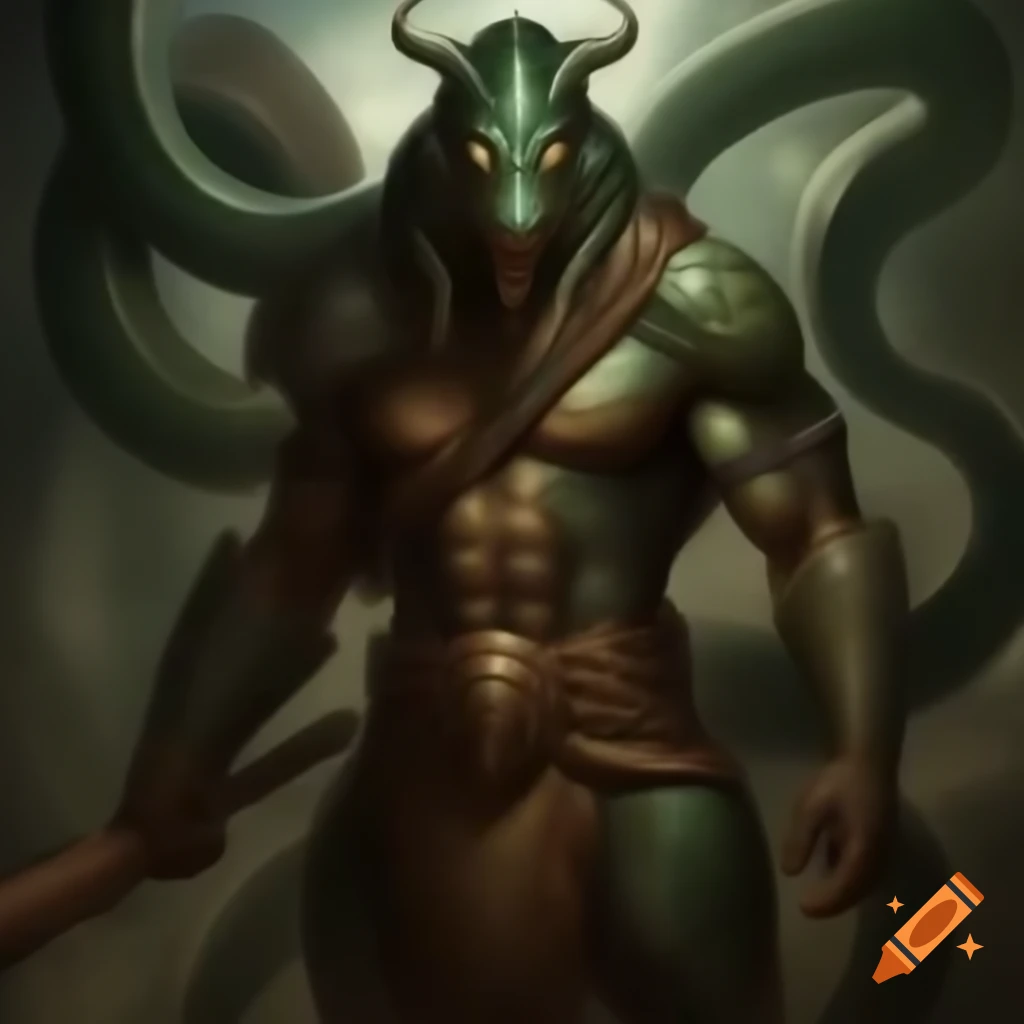 Naga warrior in tribal armor poised for battle with serpentine body