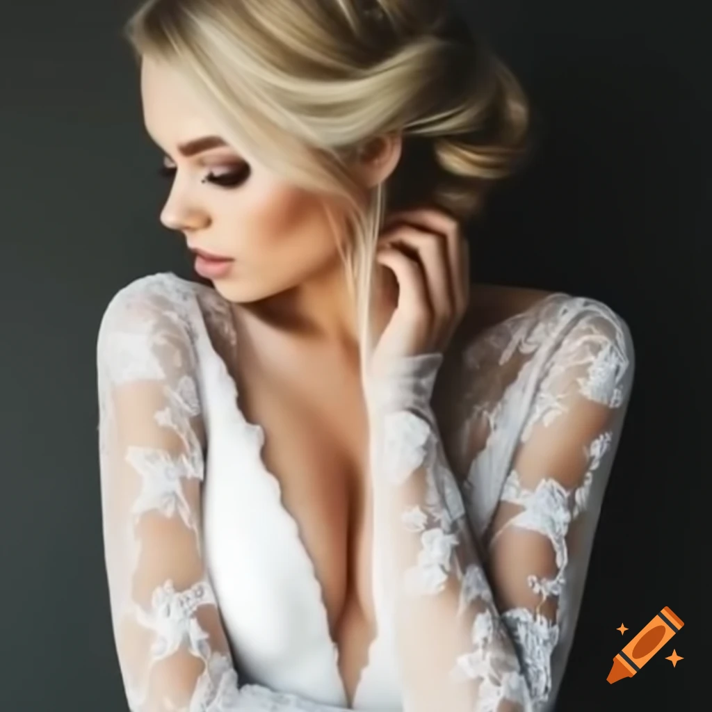 Young woman in white lace wedding dress looking at the camera