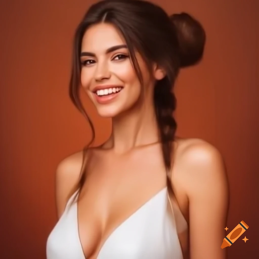 Confident brunette supermodel in wedding dress with bun hairstyle