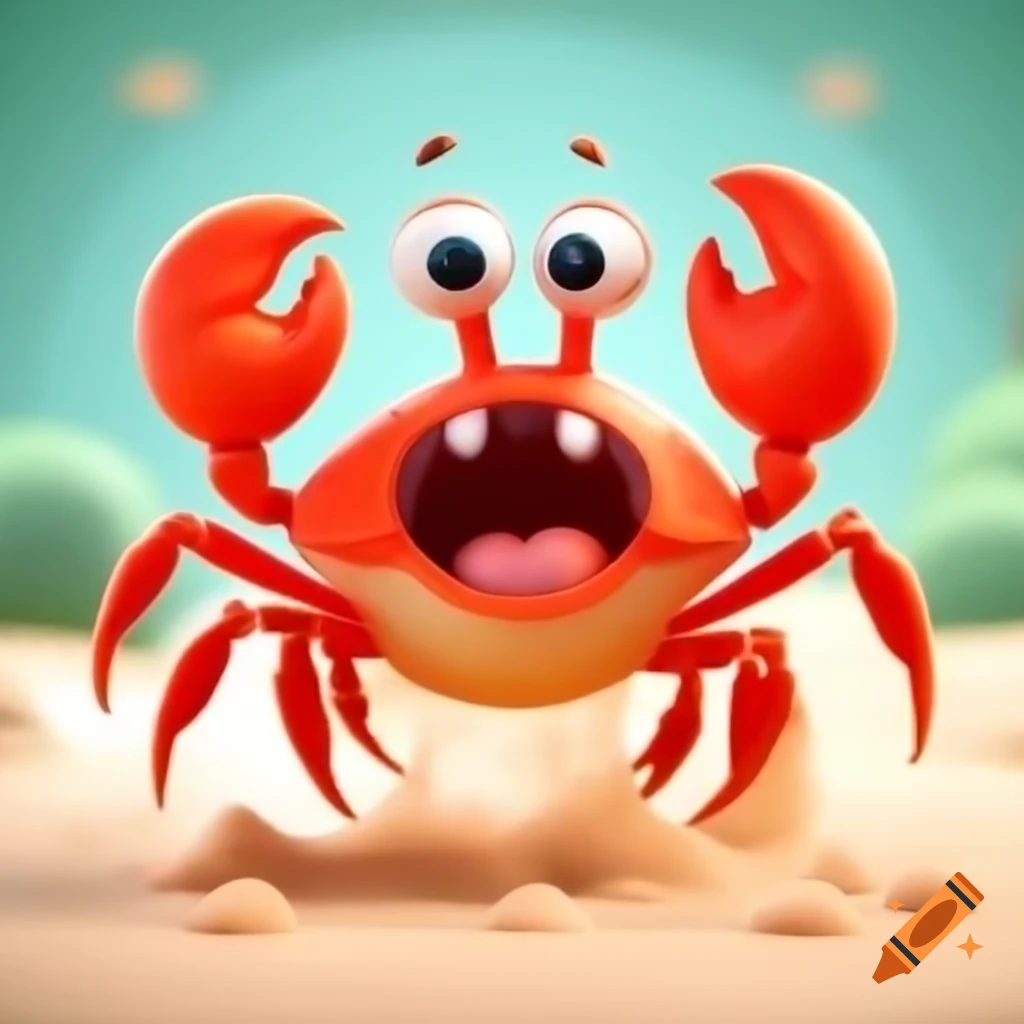 Cartoon crab dancing joyfully with expressive eyes and colorful claws