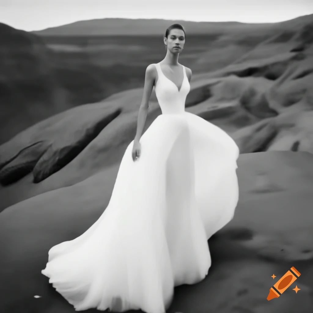 Supermodel wearing wedding dress in a breezy setting