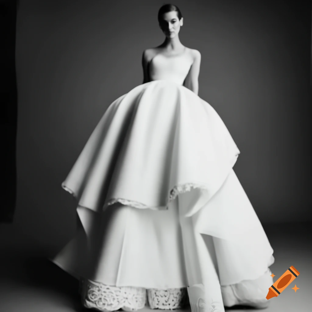 Fashion model in elegant floor-length white wedding gown with lace trim