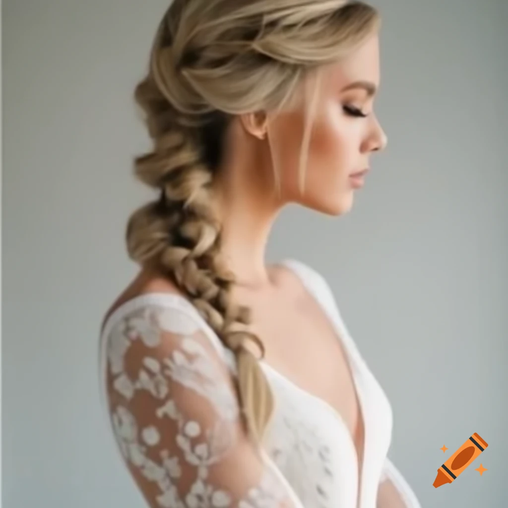 Young woman in white lace wedding dress looking at the camera