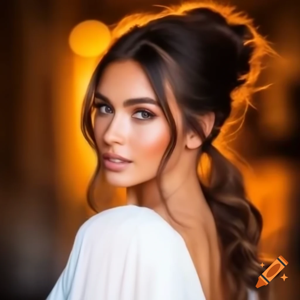 Confident brunette supermodel in wedding dress with hair in a bun, realistic color photo