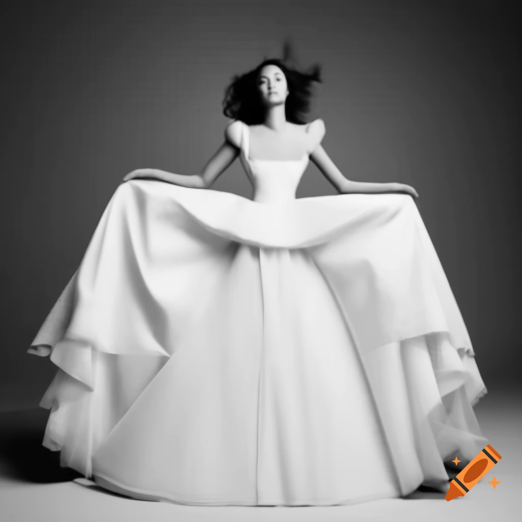 Fashion model in elegant floor-length white wedding gown with lace trim