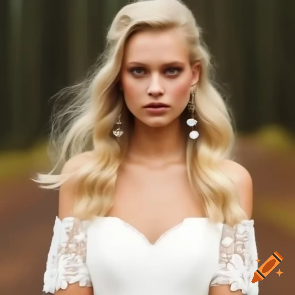 Model in wedding dress with off-the-shoulder white lace top and Van Cleef & Arpels earrings