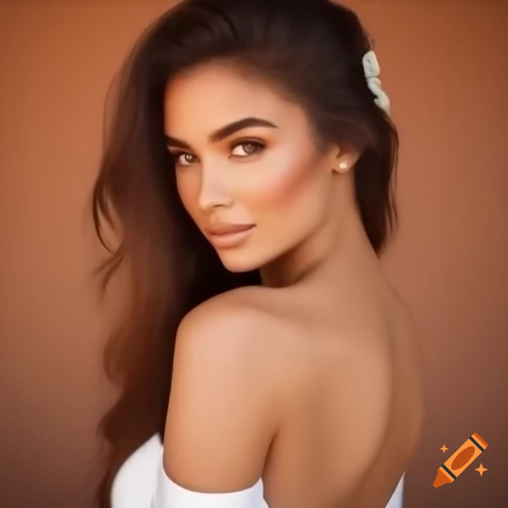 Confident brunette supermodel in wedding dress with bun hairstyle