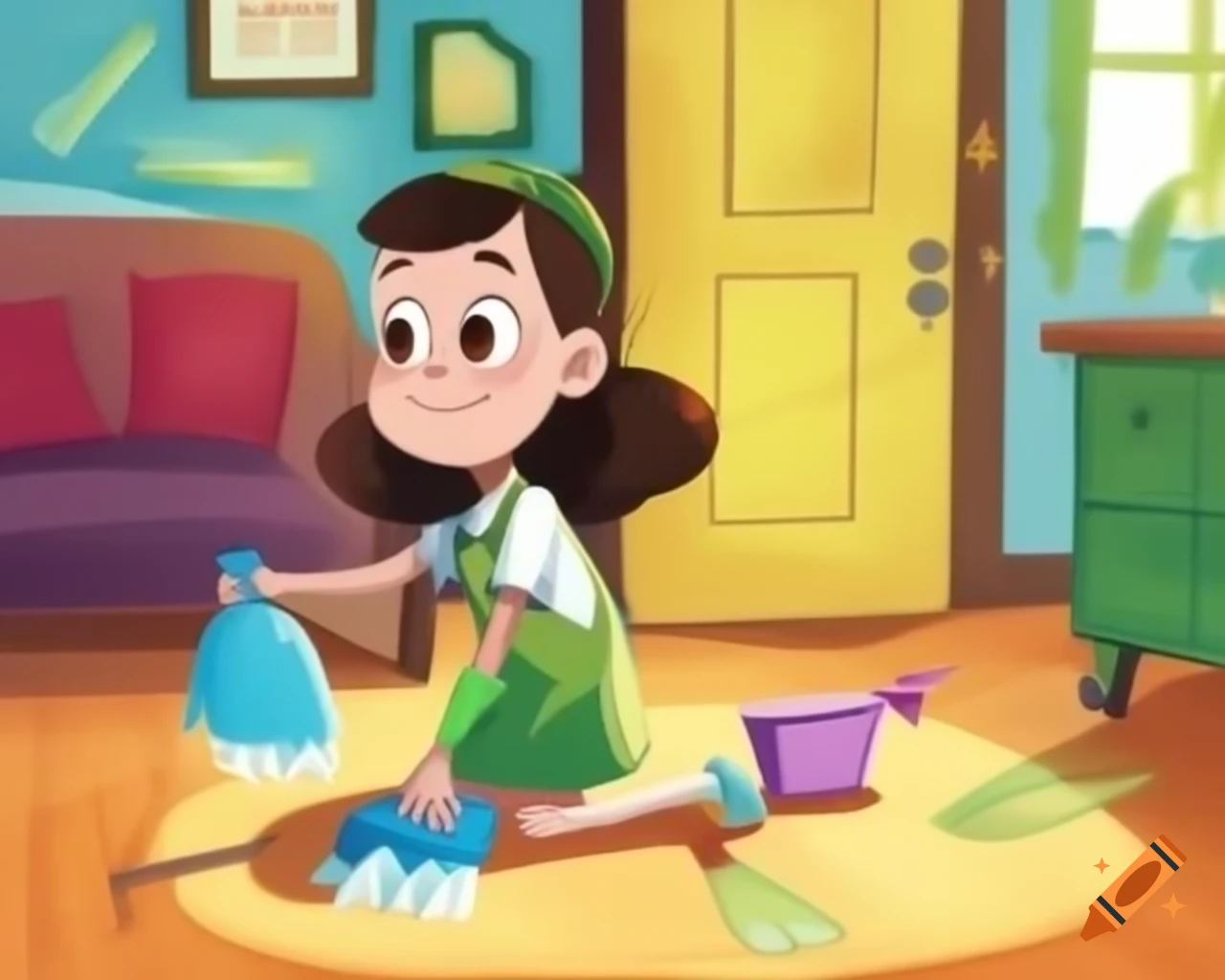 Cartoon girl cleaning the floor in her room