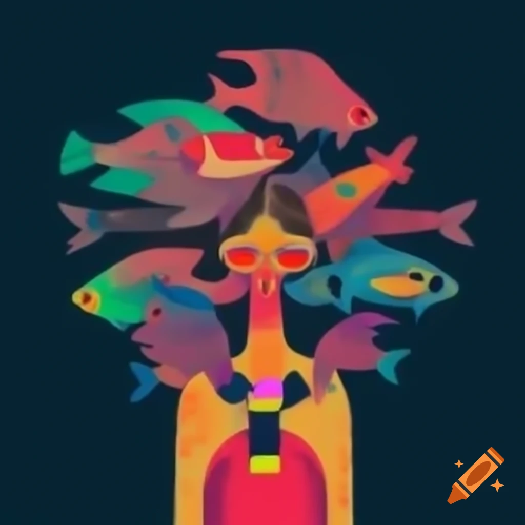 Surreal colorful corals with strange fish, fantastical crabs, and dreamlike algae in expressionism style