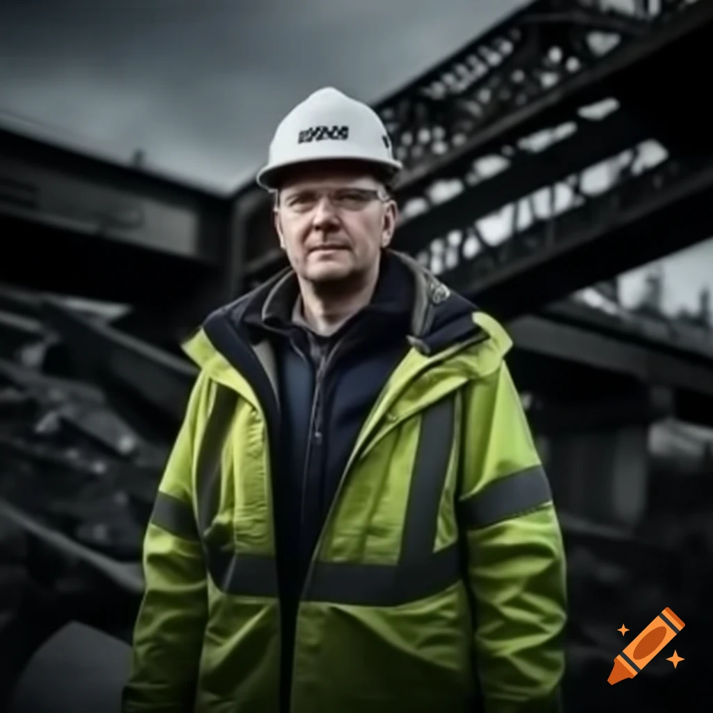 Worker in worn vest standing before collapsed bridge