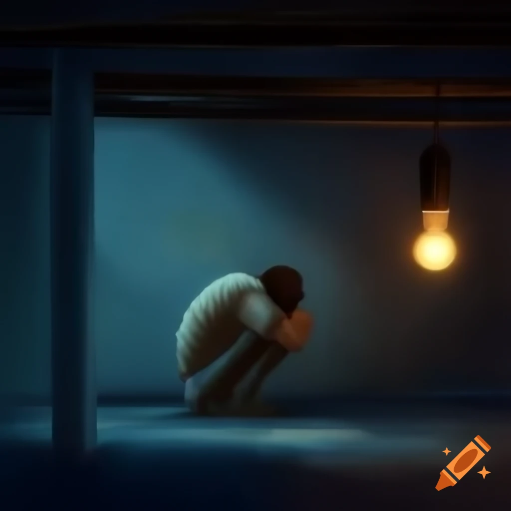 Wild-eyed man huddled in damp basement lit by bare bulb