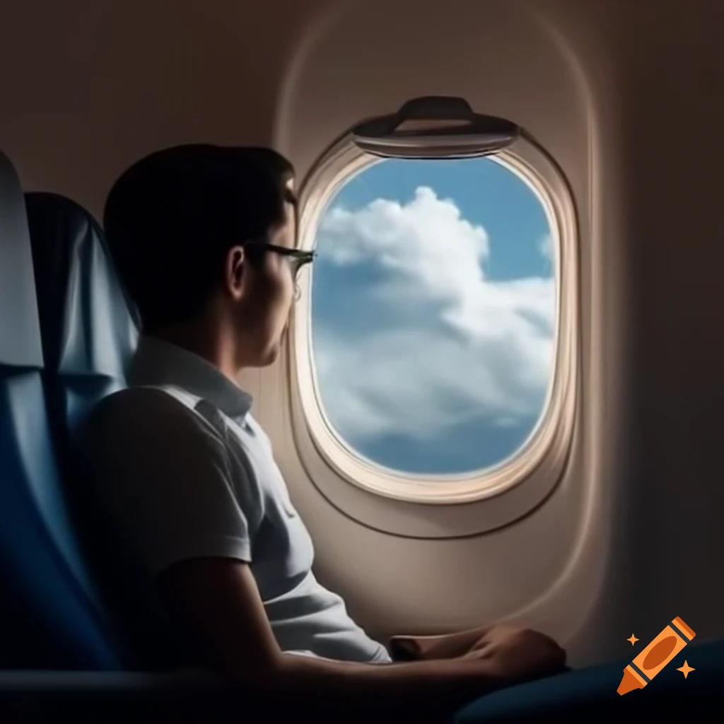 Man sitting by airplane window gazing at clouds with sunlight