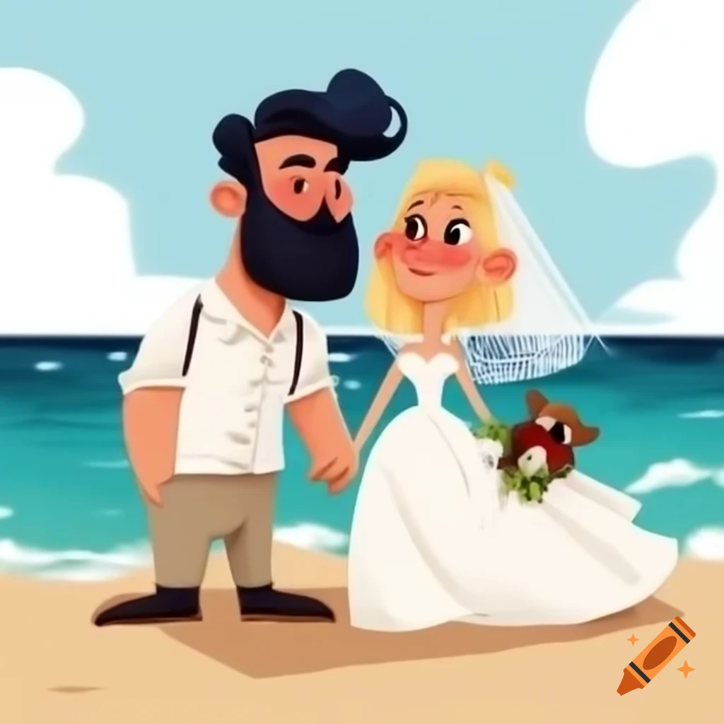 Wedding scene with groom in white shirt and beige pants alongside blonde bride