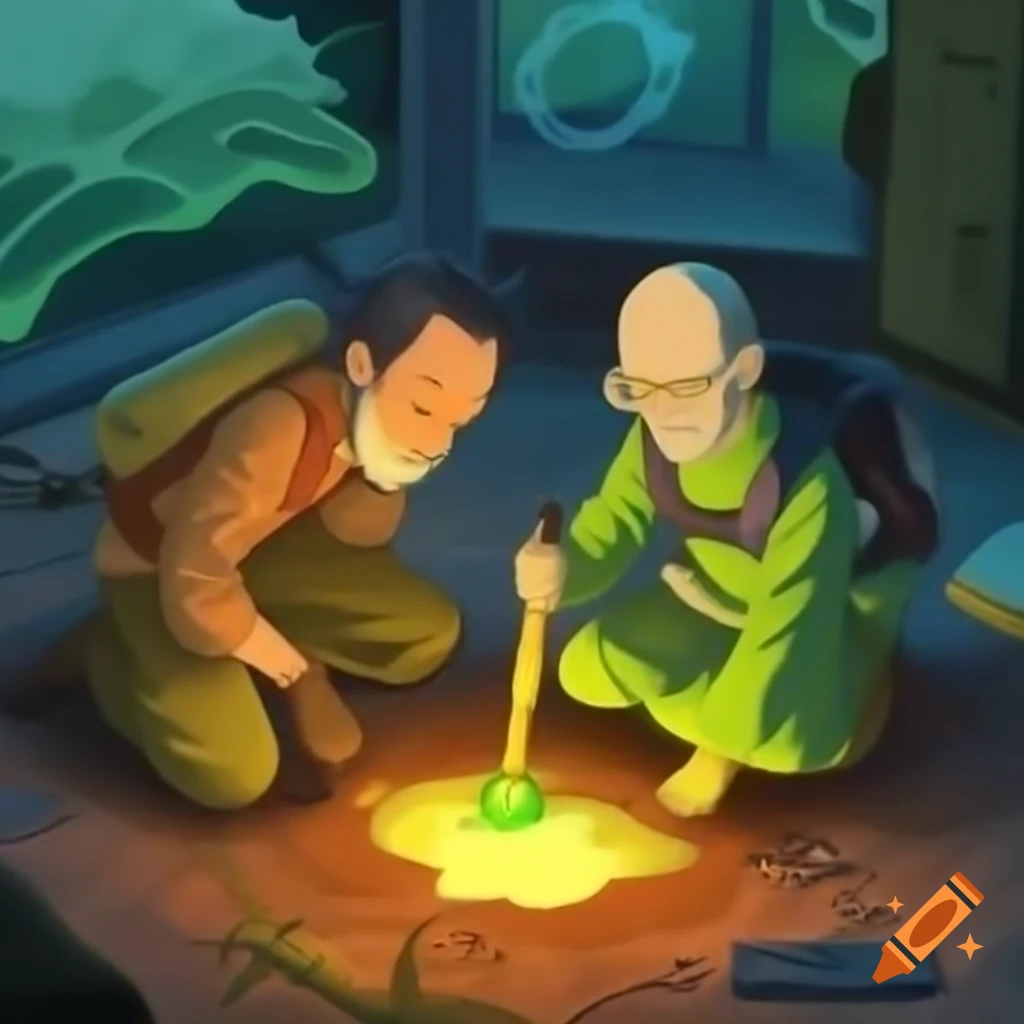 Two physicists digging for uranium in Studio Ghibli style