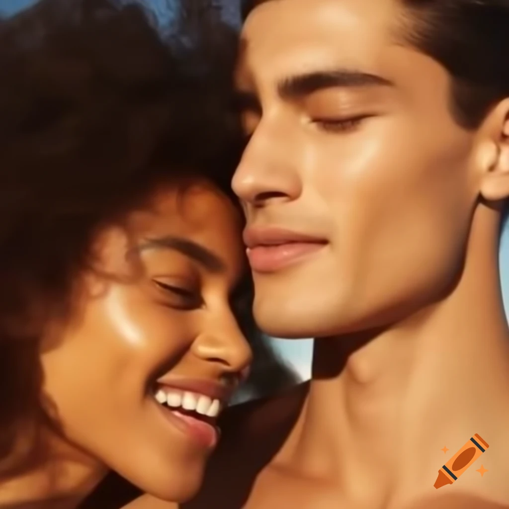 Supermodel couple kissing in Mediterranean setting under bright sunshine