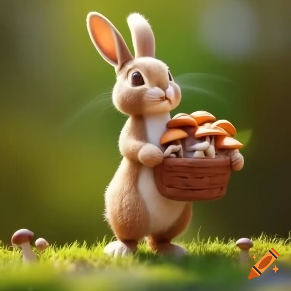 Easter bunny carrying basket of mushrooms