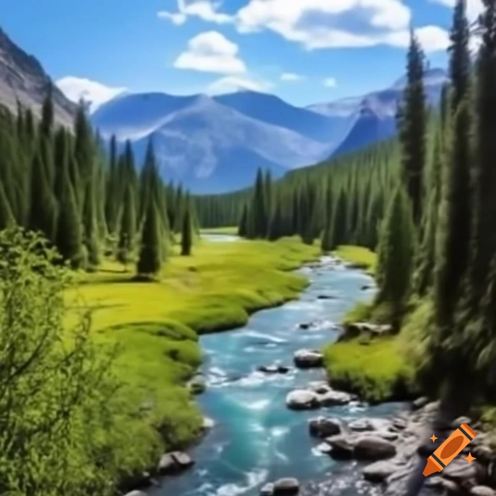 Scenic mountain river flowing through lush landscape on Craiyon