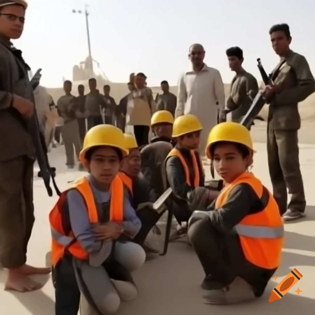 Children wearing high vis jackets working in Egypt with uniformed individuals observing