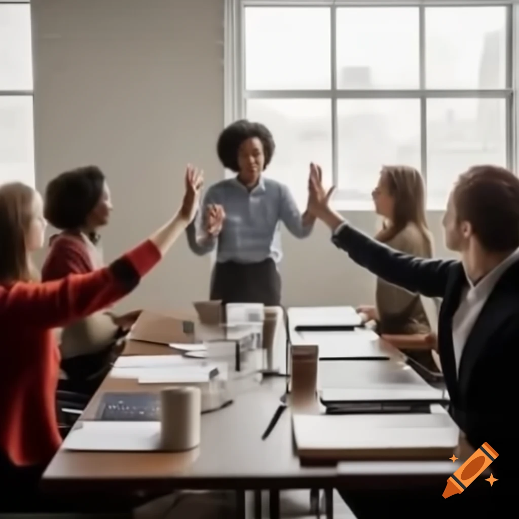 Colleagues celebrating success with high-five in conference room