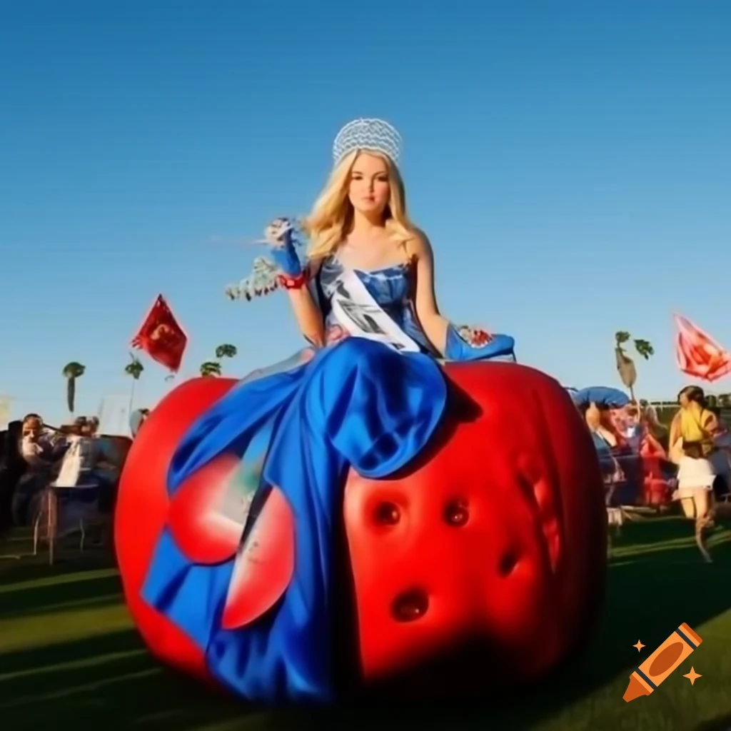Girl in blue ball gown sitting on red apple float