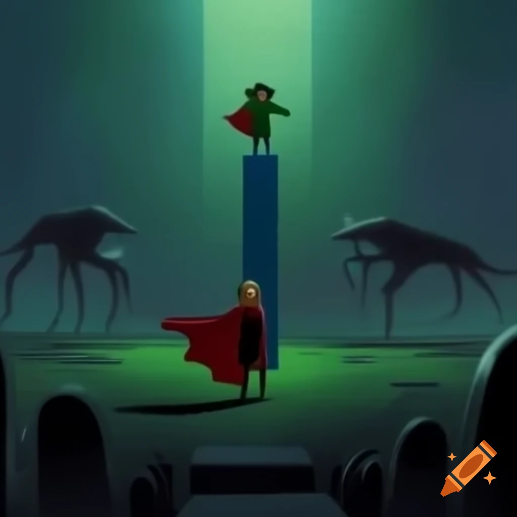 Person at crossroads with tiny figures representing chaos and order on shoulders