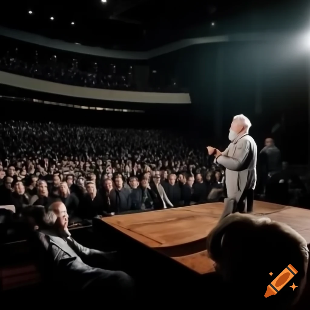 Audience attentively listening to young man in tuxedo on podium in auditorium