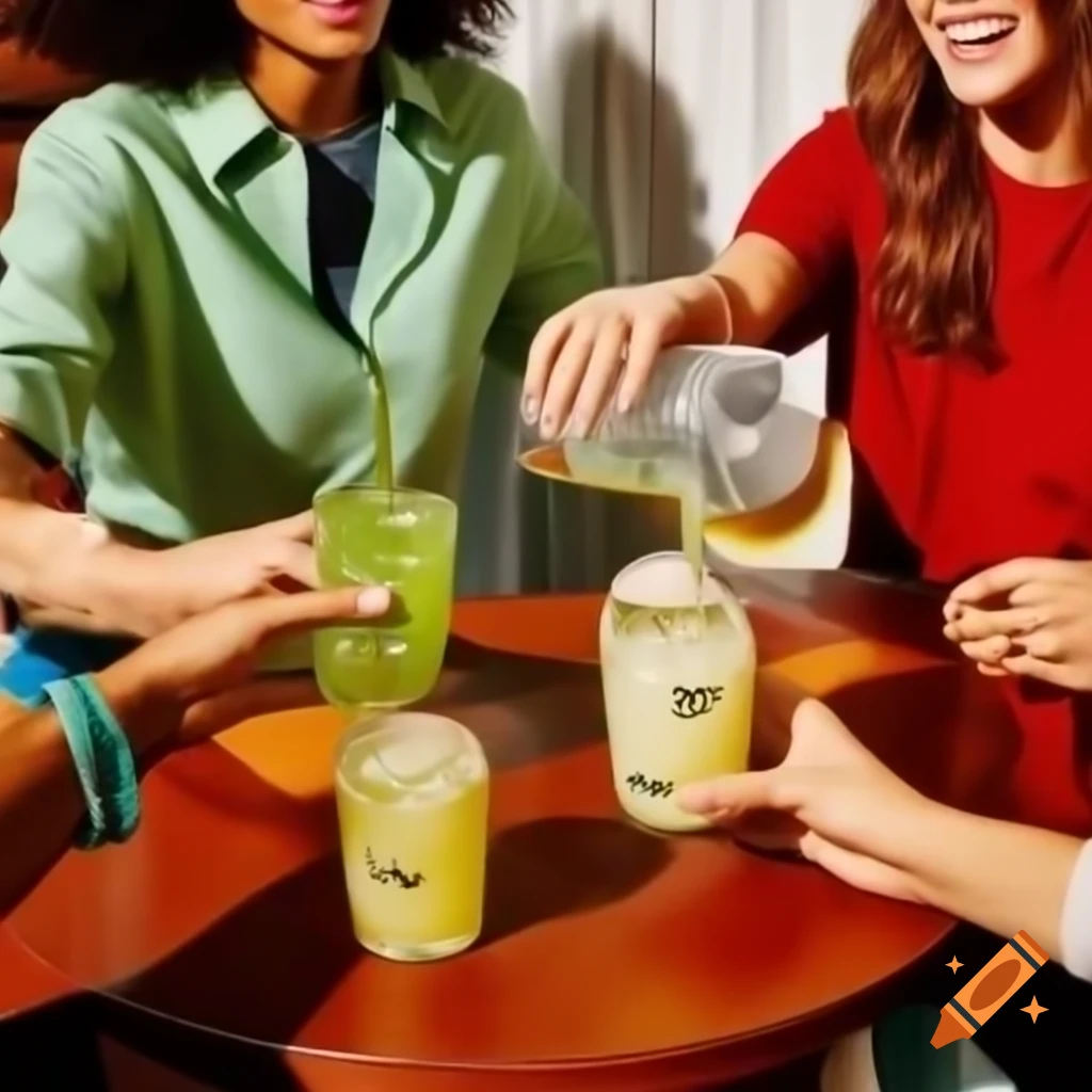 Two people smiling and pouring drinks on a table