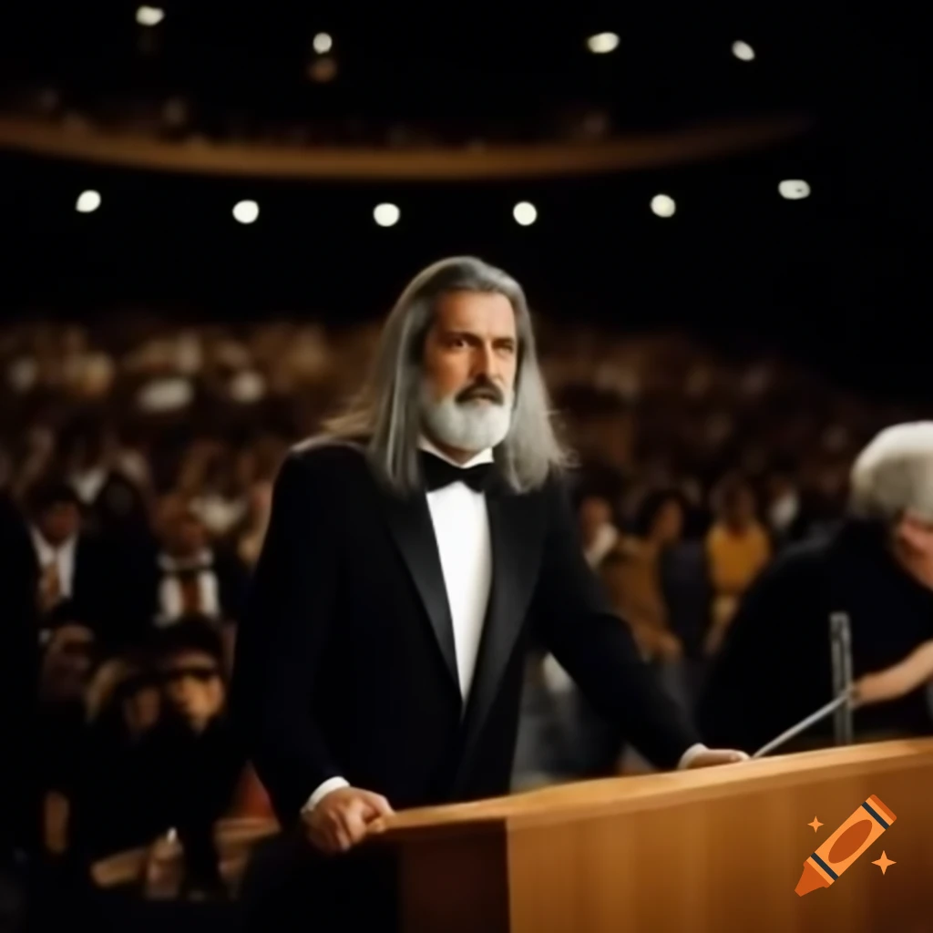 Young man in tuxedo speaking on podium to attentive crowd in auditorium