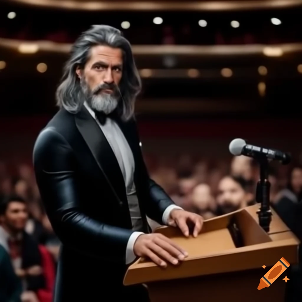 Young man in tuxedo speaking on podium to attentive crowd in auditorium