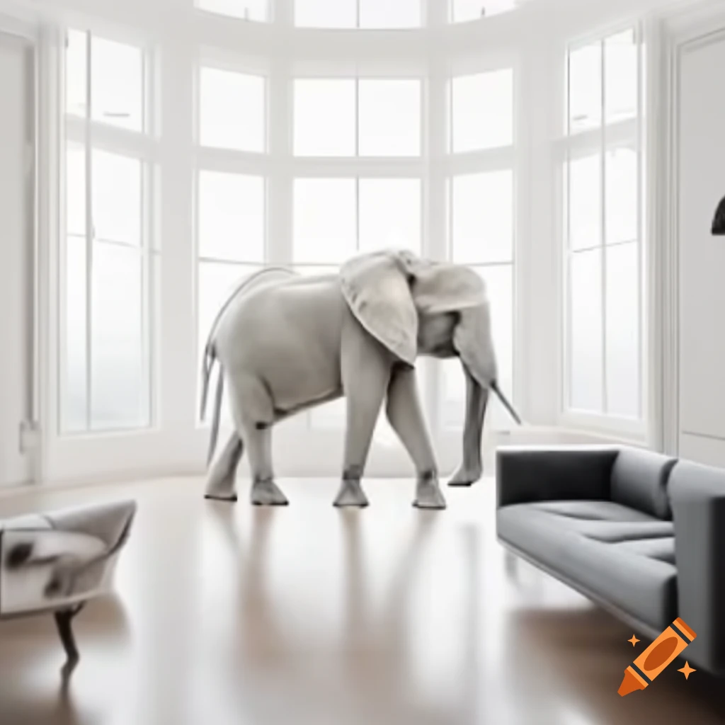 Snow white African elephant in minimalistic living room with high windows