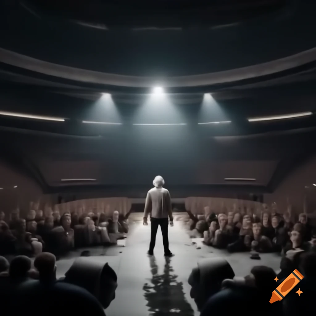 Handsome man with gray beard speaking on stage to large audience