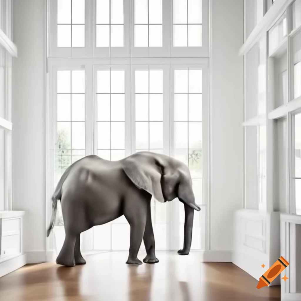 White African elephant in minimalistic living room with high windows