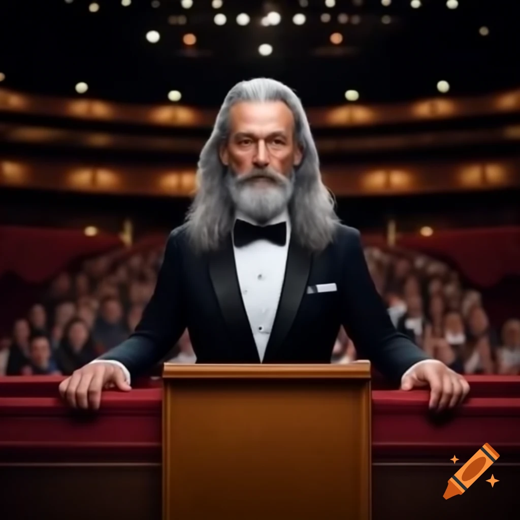 Young man with gray hair and tuxedo speaking on podium in full auditorium