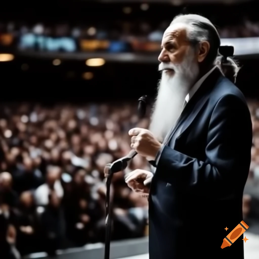 Elegant Italian man in suit speaking on podium to large crowd with blurred background