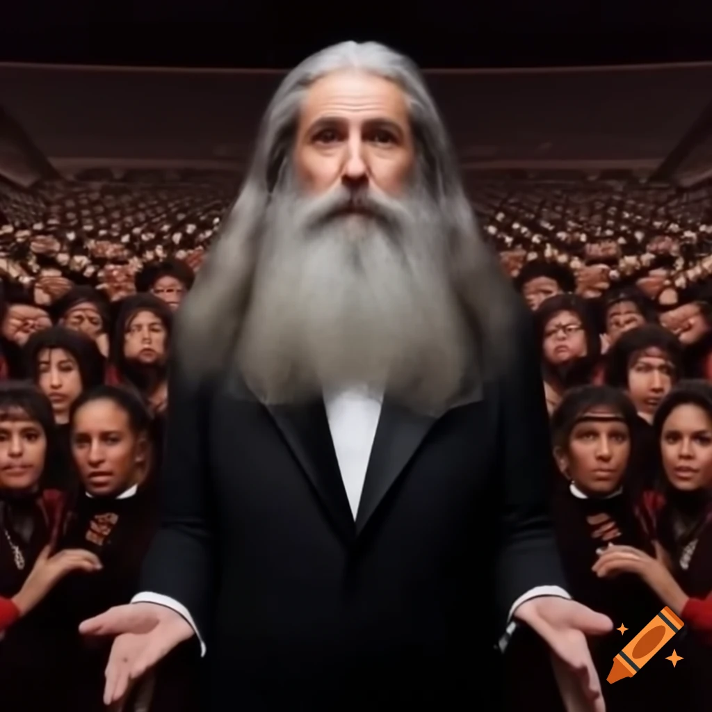 Lanky man with gray hair and beard in tuxedo giving speech to large audience