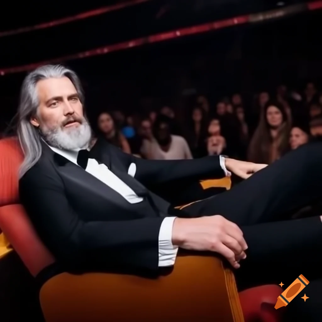 Handsome man in tuxedo with long gray beard speaking to crowd from podium