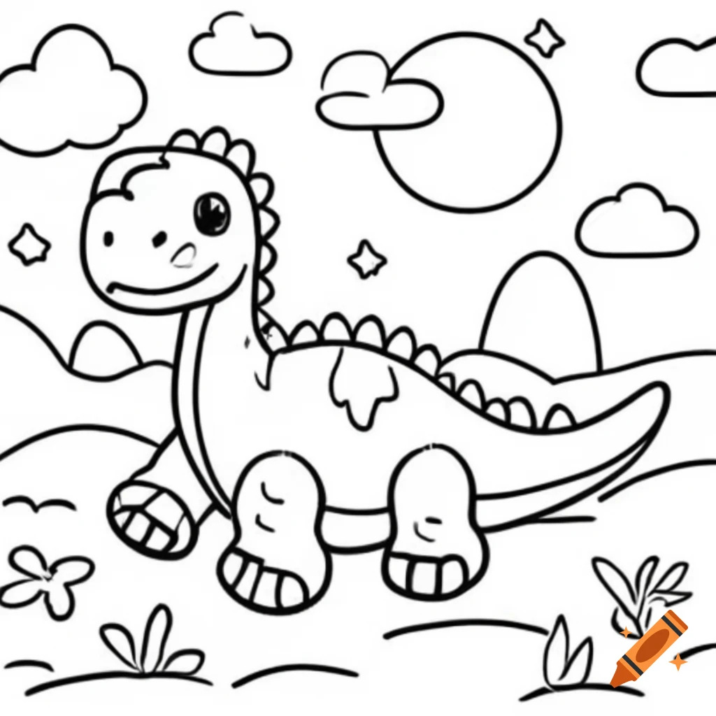 Cute cartoon dinosaur in coloring book style line art on Craiyon